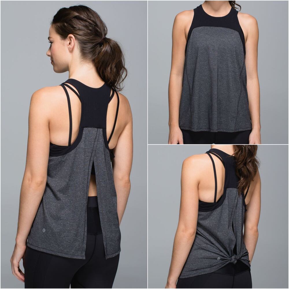 Lululemon Clip-In Tank Top Heathered Black High Neck Split Back Size 4 EXCELLENT